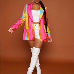 🌈 🔥 Color Pop Statement Blazer | Pink Orange Abstract Print | Sz Med | Boss Babe